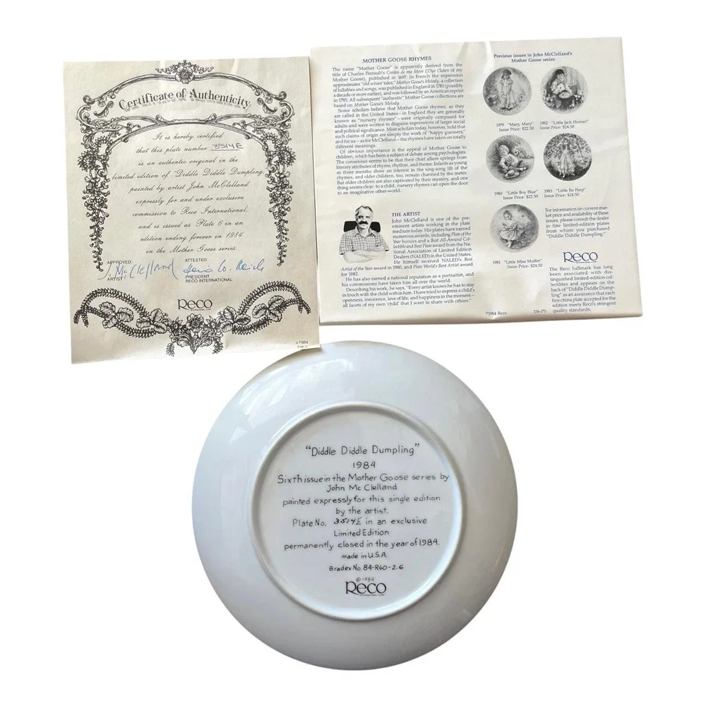 Reco International Diddle Diddle Dumpling Collector Plate 1984 Mother Goose